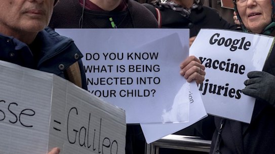 Anti-vaccination messages on display outside the Medical Board of Australia.