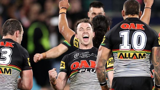Dylan Edwards and the Panthers celebrate grand final glory in October.