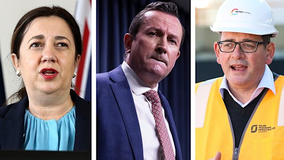Complicated picture: Queensland Premier Annastacia Palaszczuk, WA Premier Mark McGowan and Victoria Premier Daniel Andrews. 
