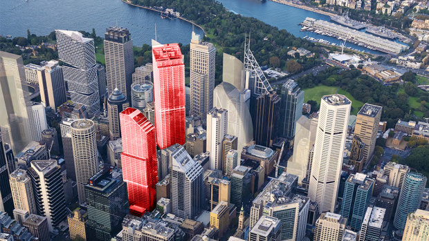 The two planned skyscrapers, in red, will be 58 and 51 storeys high.