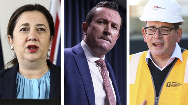 Complicated picture: Queensland Premier Annastacia Palaszczuk, WA Premier Mark McGowan and Victoria Premier Daniel Andrews. 