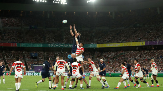Jonny Gray of Scotland jumps highest in the lineout.