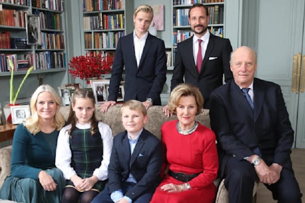 Back row from left, Marius Borg Hoiby and Crown Prince Haakon, front row from left, Crown Princess Mette-Marit, Princess Ingrid Alexandra, Prince Sverre Magnus, Queen Sonja and King Harald pose during a Christmas photo session at Skaugum, the the residence of the Crown Prince and Crown Princess of Norway, in Asker, Norway, Monday, Dec. 14, 2015. 