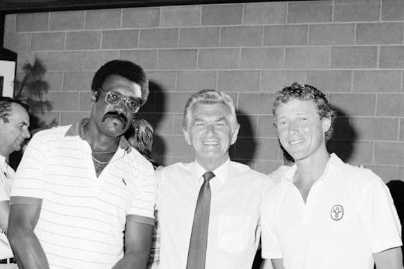 Clive Lloyd, Bob Hawke and Kim Hughes.