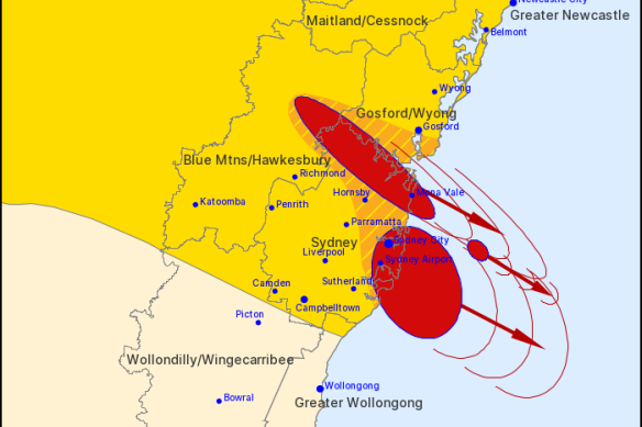 Severe thunderstorms were detected on the weather radar near Sydney City, Sydney Airport, Sydney Olympic Park, the Sydney Harbour Bridge, Mona Vale and waters off Bondi Beach on Monday morning.