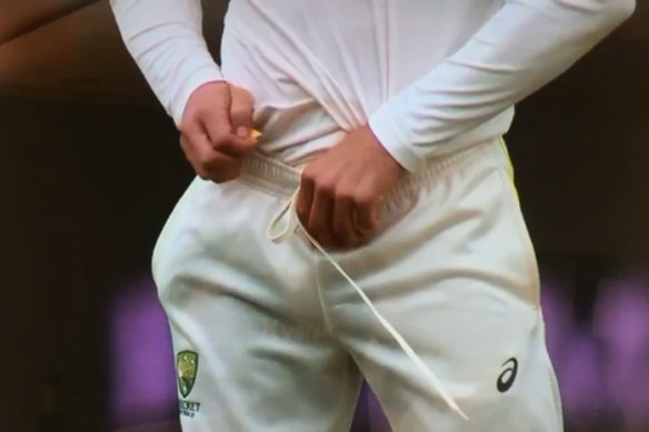 Funny business: Cameron Bancroft hiding the now infamous sandpaper.  