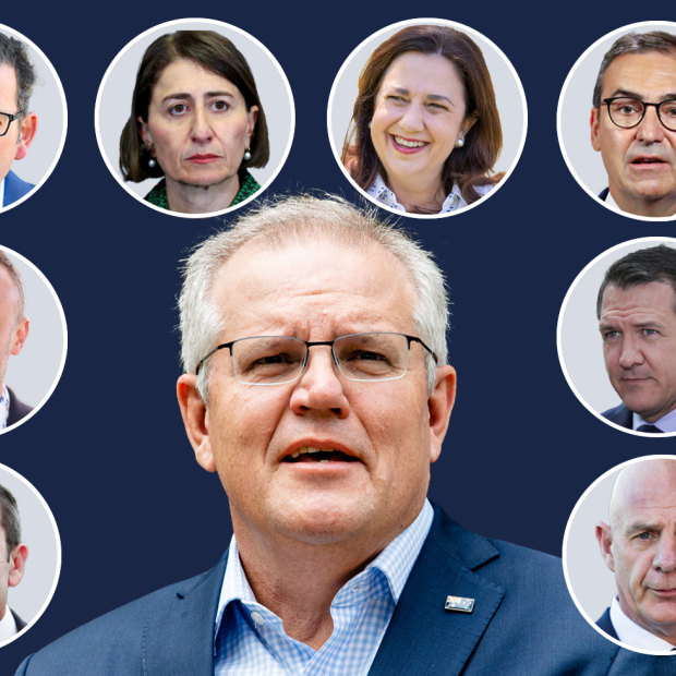 National cabinet comprised Prime Minister Scott Morrison, and state and territory leaders clockwise from bottom left: Mark McGowan (WA), Andrew Barr (ACT), Daniel Andrews (Vic), Gladys Berejiklian (NSW), Annastacia Palaszczuk (Qld), Steven Marshall (SA), Michael Gunner (NT),  Peter Gutwein (Tas).