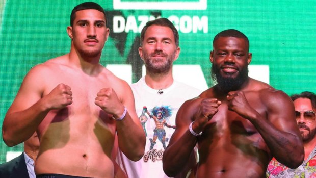 Australian boxer Justis Huni (left) ahead of his international debut against American Andrew Tabiti in Cancun.