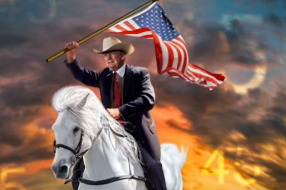 Donald Trump rides off into the sunset on one of his digital trading cards.