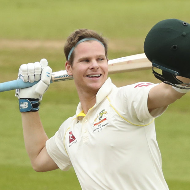 Steve Smith celebrates after scoring his second ton during the Edgbaston Test.