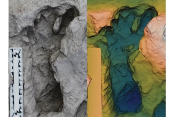 Some of the footprints of two human species  found side-by-side in Kenya.  