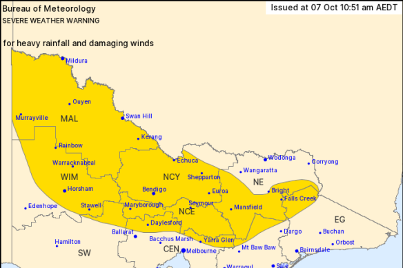 A severe weather warning issued by the Bureau of Meteorology on Wednesday.