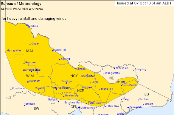 A severe weather warning issued by the Bureau of Meteorology on Wednesday.