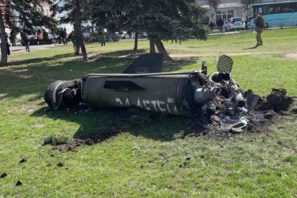 The remains of a rocket following an attack on the train station in Kramatorska on Friday. An inscription ‘For the children’ is painted in Russian on the side.