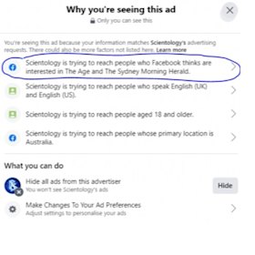 Scientology advertisements on Facebook targeting readers of The Age and Sydney Morning Herald.