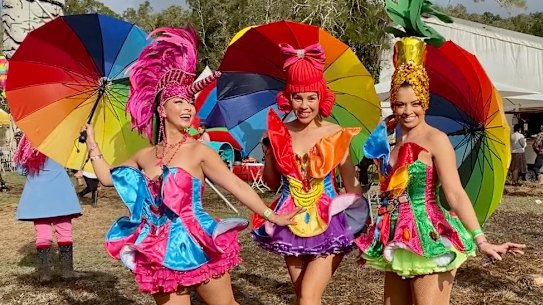 Entertainers in gumboots at the Splendour In The Grass festival at Byron Bay.