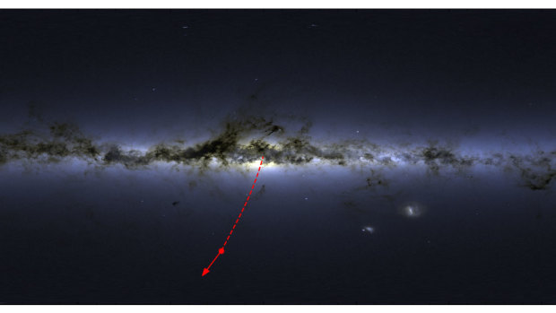 This map shows the projected path of the star out of the Milky Way.