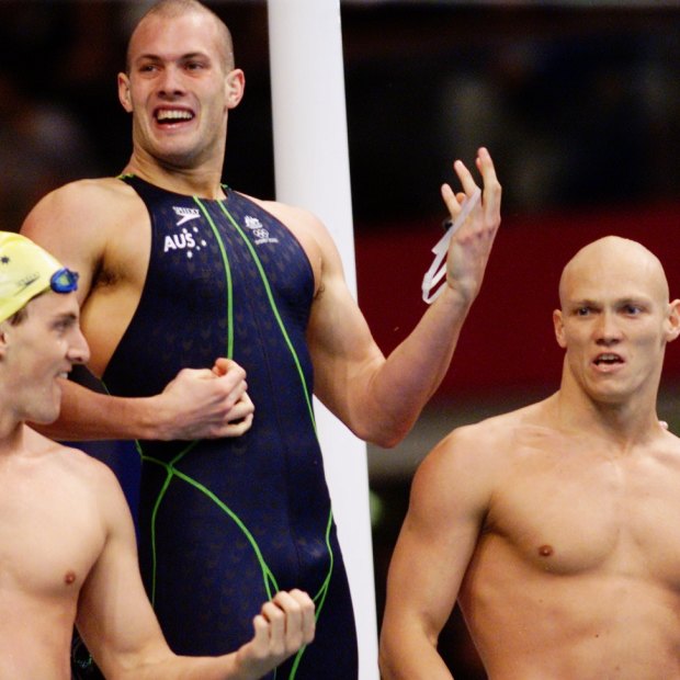 Australia's 4x100m relay team of Chris Fydler, Ashley Callus, Michael Klim and Ian Thorpe celebrate their Sydney Olympic Games gold medal.