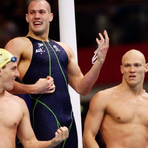 Music to their ears: Australia's 4x100m relay team of Chris Fydler, Ashley Callus, Michael Klim and Ian Thorpe celebrate their Sydney Olympic Games gold medal.