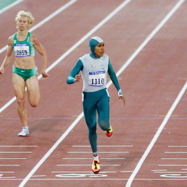 Cathy Freeman crosses the line first in the 400m on September 25, 2000.