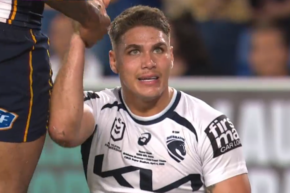Reece Walsh after racing 90 metres on the cusp of half-time to score a try in his 100th NRL game. The try was later disallowed. 