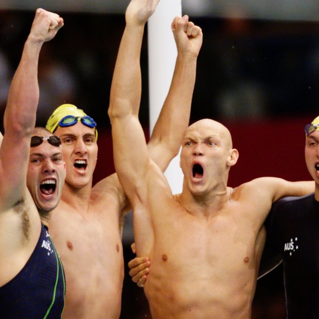 Michael Klim , Ian Thorpe , Chris Fydler and Ashley Callus celeb rate their gold in the 4x100m relay.