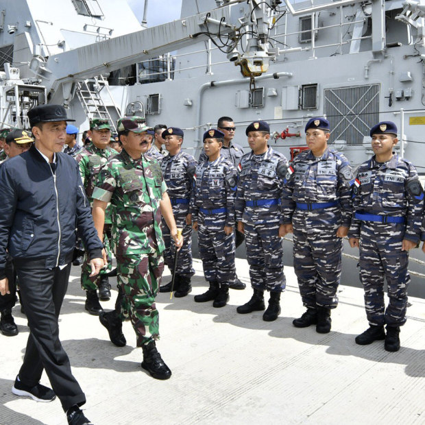 Indonesian President Joko Widodo inspects the navy ship KRI Usman Harun at Selat Lampa Port on the Natuna Islands in January 2020. 