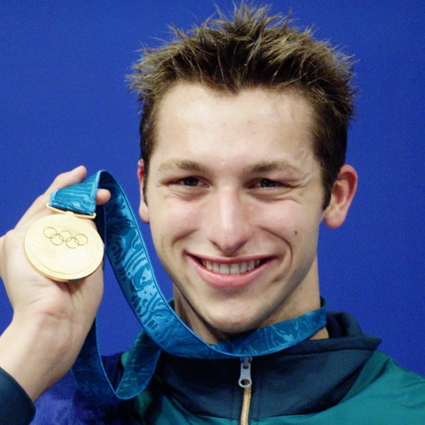 Ian Thorpe celebrates his first Olympic gold medal in the 400m freestyle.