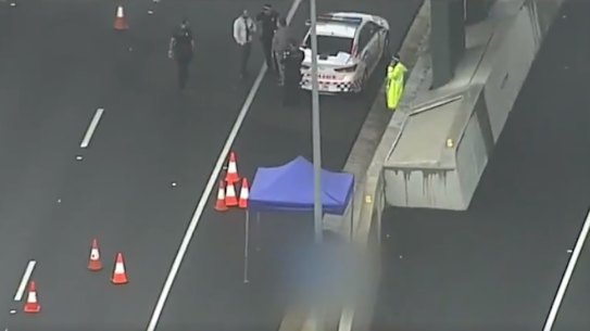The scene on the Logan Motorway after a man was shot dead by police in Drewvale. 