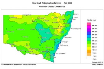 Rainfall totals over NSW for April 2022.