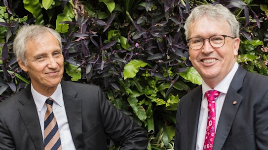 EMBARGOED TILL MONDAY 17th of December 2018. University of Wollongong Vice Chancellor Professor Paul Wellings (red tie) with Ramsay Centre CEO, Professor Simon Haines, after a deal signing on a university to the Ramsay Centre for Western Civilisation. 14th of December 2018. Photo: Supplied  .