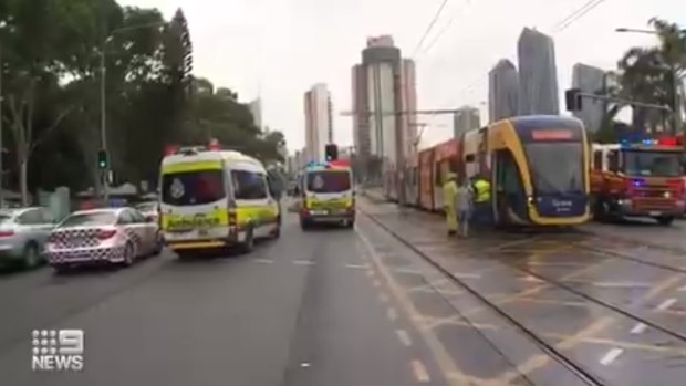 The scene of the collision between a car and a tram in Broadbeach on Thursday. 