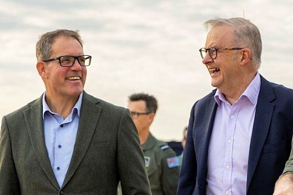 Luke Gosling (left) with Prime Minister Anthony Albanese at an RAAF base in July.
