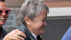 Jan Cameron (middle) with supporters at Hobart Magistrate’s Court on Thursday.