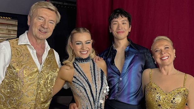 Christopher Dean and Jayne Torvill  with Harris and Chan during the British pair’s tour of Australia last year. 