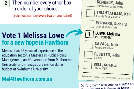 Melissa Lowe’s how-to-vote card which leaves the boxes next to other candidates blank.