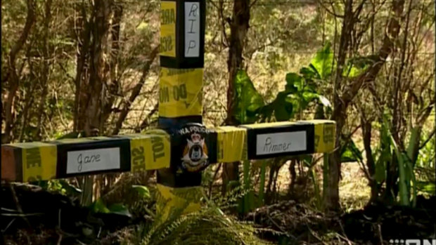 The cross erected at the location where Jane Rimmer's body was found in Wellard in 1996.