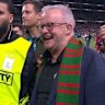 Prime Minister and South Sydney Rabbitohs supporter Anthony Albanese on the field at Allianz Stadium to congratulate Alex Johnston after he broke the all-time NRL try-scoring record. 