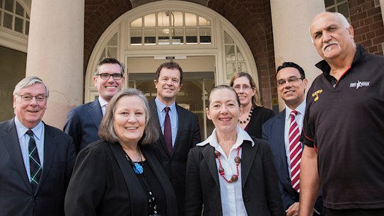 L-R: Children's Court President Peter Johnstone, Treasurer Dominic Perrottet, Magistrate Sue Duncombe, Attorney-General Mark Speakman, Aunty Joanne Self, Children's Court executive officer Rosemary Davidson, Legal Aid NSW chief executive Brendan Thomas, Uncle Bert Gordon.