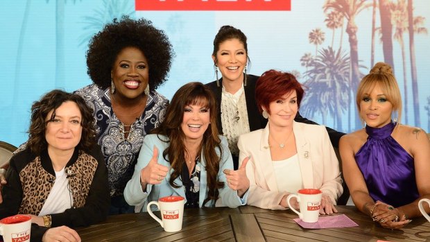 Julie Chen with her The Talk co-hosts (L-R) Sara Gilbert, Sheryl Underwood, special guest Marie Osmond, Sharon Osbourne and Eve.