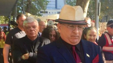 Extremist and online troll Nathan Sykes (front) and chairman of the Australia First party, Jim Saleam (behind).