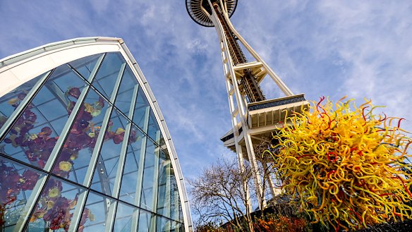 Chihuly Garden and Glass with Seattle’s famous Space Needle towering above.