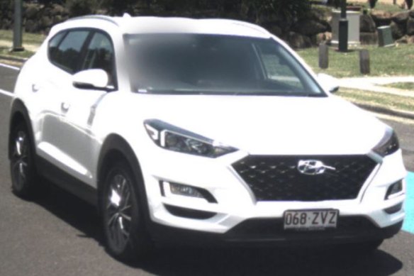 The white Hyundai Tucson, which had allegedly been stolen before it was driven from the scene of the alleged attack on the 75-year-old. 