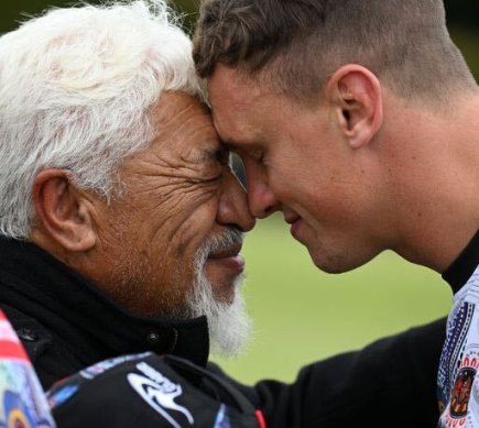 Jack Wighton shares a hongi greeting with a Maori elder in Rotorua.