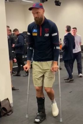 Max Gawn on crutches on Tuesday.