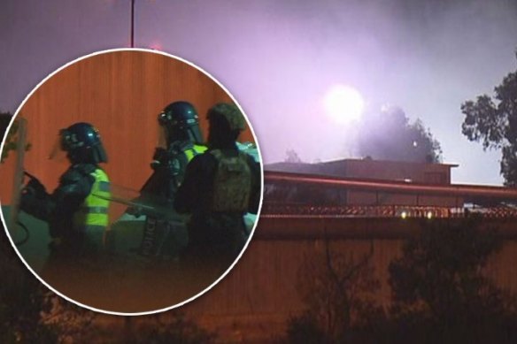 Police working to end a violent riot at Banksia Hill Detention Centre in Canning Vale last week.