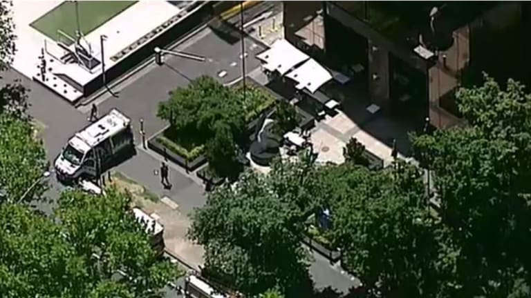 Emergency services at the scene on St Kilda Road, where both the US and Indian consulates are located