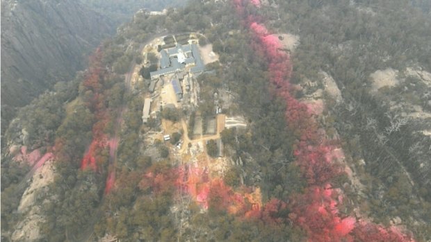 Fire retardant dropped around the Mount Buffalo chalet to protect it from a fire front approaching from the south east.