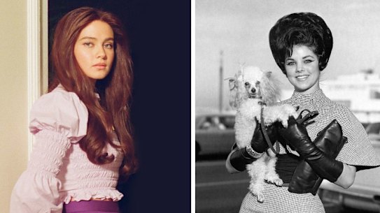 Cailee Spaeny on the set of Priscilla, left, and Priscilla Presley in 1963.