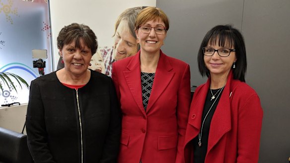 From left: Director of Gugan Gulwan Kim Davison, ACT minister Rachel Stephen-Smith and OzChild CEO Lisa Griffiths at the launch of the new family therapy trial.